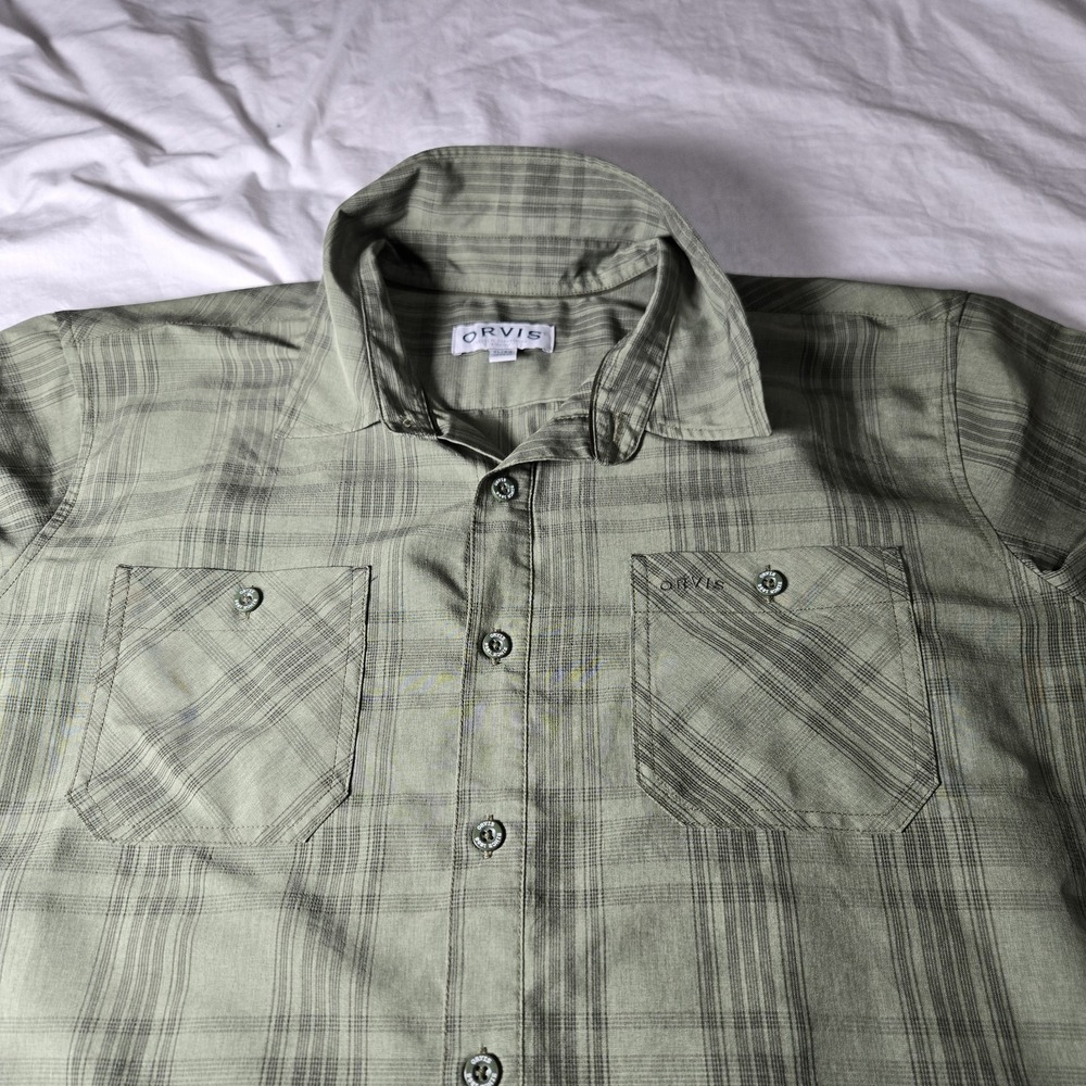 Orvis Tech Shirt Mens‎ XL Olive Green Plaid Outdoor Hiking Performance Quick Dry